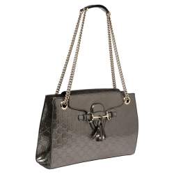 Pre Owned Gucci Dark Grey Guccissima Patent Leather Large Emily Chain Shoulder Bag