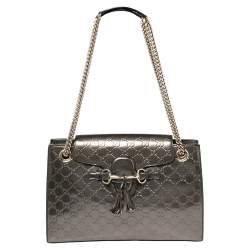 Pre Owned Gucci Dark Grey Guccissima Patent Leather Large Emily Chain Shoulder Bag