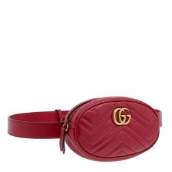 Pre Owned Gucci Red Matelasse Leather GG Marmont Belt Bag