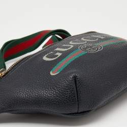 Pre Owned Gucci Black Pebbled Leather Small Logo Web Belt Bag