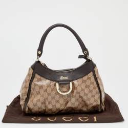 Pre Owned Gucci Beige/Ebony GG Crystal Canvas and Leather Small D Ring Hobo