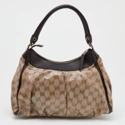 Pre Owned Gucci Beige/Ebony GG Crystal Canvas and Leather Small D Ring Hobo