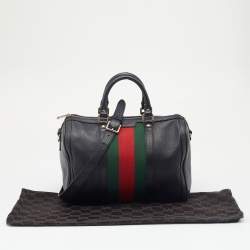 Pre Owned حقيبة بوسطن غوتشي فينتدج جلد سوداء مزينة بشريط ويب متوسطة