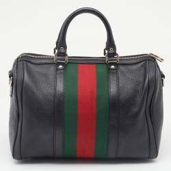 Pre Owned حقيبة بوسطن غوتشي فينتدج جلد سوداء مزينة بشريط ويب متوسطة