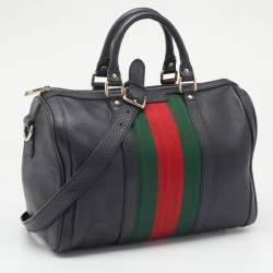 Pre Owned حقيبة بوسطن غوتشي فينتدج جلد سوداء مزينة بشريط ويب متوسطة