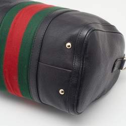 Pre Owned حقيبة بوسطن غوتشي فينتدج جلد سوداء مزينة بشريط ويب متوسطة