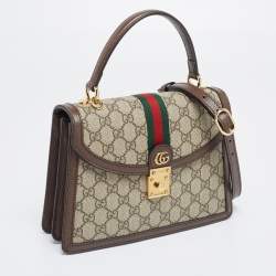 Pre Owned Gucci Beige/Brown Supreme Canvas And Leather Small Ophidia Top Handle Bag