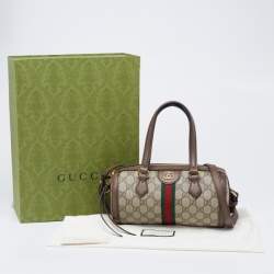 Pre Owned Gucci Beige/Brown GG Supreme Canvas and Leather Small Ophidia Boston Bag