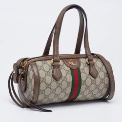 Pre Owned Gucci Beige/Brown GG Supreme Canvas and Leather Small Ophidia Boston Bag
