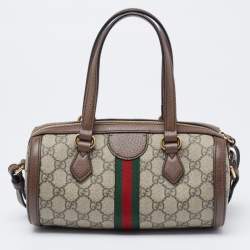 Pre Owned Gucci Beige/Brown GG Supreme Canvas and Leather Small Ophidia Boston Bag