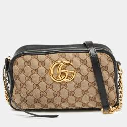 مملوكة مسبقًا حقيبة كتف غوتشي مارمونت كانفاس جي جي أسود/بيج صغيرة