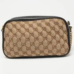 مملوكة مسبقًا حقيبة كتف غوتشي مارمونت كانفاس جي جي أسود/بيج صغيرة