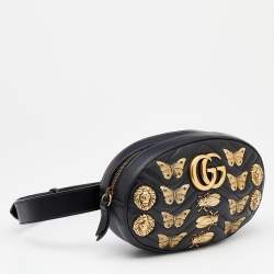 Pre Owned حقيبة بحزام غوتشي مارمونت جي جي جلد أسود ترصيعات حيوانات