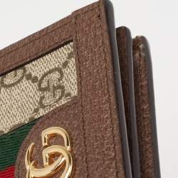 Pre Owned Gucci Beige/Brown GG Supreme Canvas and Leather Ophidia Web Compact Wallet