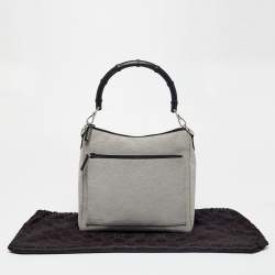 Pre Owned Gucci Grey/Black Canvas and Leather Bamboo Handle Hobo