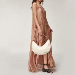 مملوكة مسبقًا Gucci Off White Leather Bamboo Ring Half Moon Hobo