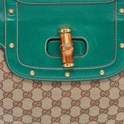 Pre Owned Gucci Beige/Green GG Canvas And Leather Peggy Bamboo Top Handle Bag