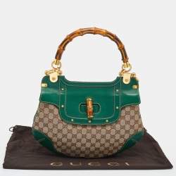 Pre Owned Gucci Beige/Green GG Canvas And Leather Peggy Bamboo Top Handle Bag