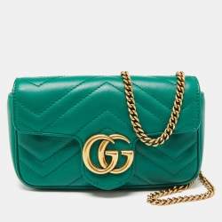Pre Owned Gucci Green Matelassé Leather Mini GG Marmont Super Shoulder Bag
