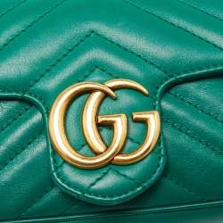 Pre Owned Gucci Green Matelassé Leather Mini GG Marmont Super Shoulder Bag