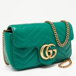 Pre Owned Gucci Green Matelassé Leather Mini GG Marmont Super Shoulder Bag