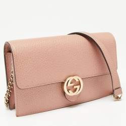 Pre Owned Gucci English Rose Leather Interlocking G Wallet on Chain