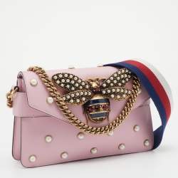 Pre Owned Gucci Pink Leather Broadway Pearly Bee Shoulder Bag