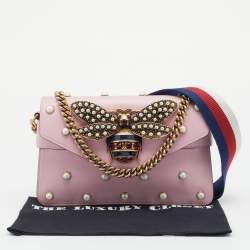 Pre Owned Gucci Pink Leather Broadway Pearly Bee Shoulder Bag