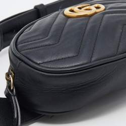 Pre Owned Gucci Black Matelassé Leather GG Marmont Belt Bag