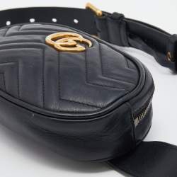 Pre Owned Gucci Black Matelassé Leather GG Marmont Belt Bag