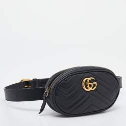 Pre Owned Gucci Black Matelassé Leather GG Marmont Belt Bag
