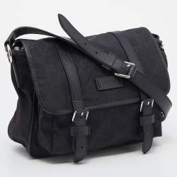 Pre Owned Gucci Black GG Nylon And Leather Flap Messenger Bag