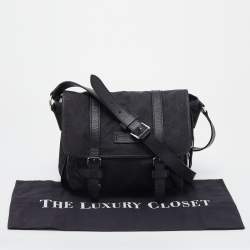 Pre Owned Gucci Black GG Nylon And Leather Flap Messenger Bag