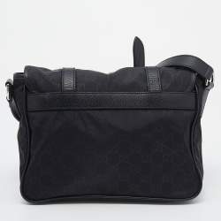 Pre Owned Gucci Black GG Nylon And Leather Flap Messenger Bag