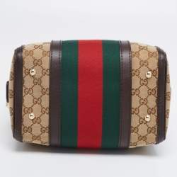 Pre Owned Gucci Dark Brown/Beige GG Canvas and Leather Small Vintage Web Boston Bag