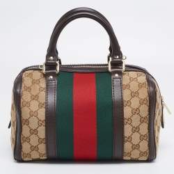 Pre Owned Gucci Dark Brown/Beige GG Canvas and Leather Small Vintage Web Boston Bag