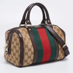 Pre Owned Gucci Dark Brown/Beige GG Canvas and Leather Small Vintage Web Boston Bag