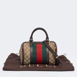 Pre Owned Gucci Dark Brown/Beige GG Canvas and Leather Small Vintage Web Boston Bag
