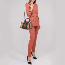 Pre Owned Gucci Dark Brown/Beige GG Canvas and Leather Small Vintage Web Boston Bag