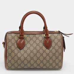 Pre Owned Gucci Beige/Brown GG Supreme Canvas And Leather Small Boston Bag