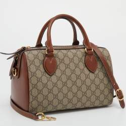 Pre Owned Gucci Beige/Brown GG Supreme Canvas And Leather Small Boston Bag