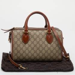 Pre Owned Gucci Beige/Brown GG Supreme Canvas And Leather Small Boston Bag