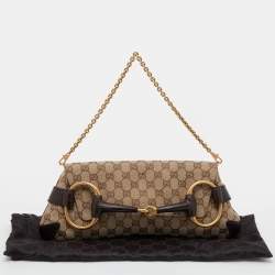 Pre Owned حقيبة كلتش غوتشي هورسبيت جلد وكانفاس جي جي بيج/بني بسلسلة