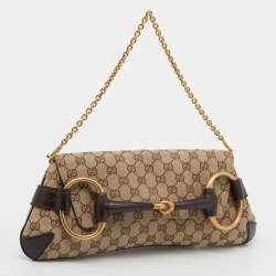 Pre Owned حقيبة كلتش غوتشي هورسبيت جلد وكانفاس جي جي بيج/بني بسلسلة