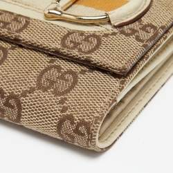 Pre Owned Gucci Beige GG Canvas and Leather Web Horsebit Compact Wallet