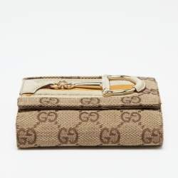 Pre Owned Gucci Beige GG Canvas and Leather Web Horsebit Compact Wallet