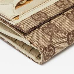 Pre Owned Gucci Beige GG Canvas and Leather Web Horsebit Compact Wallet