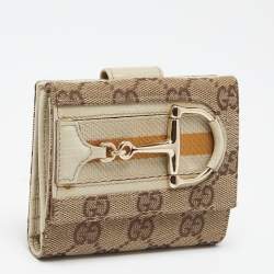 Pre Owned Gucci Beige GG Canvas and Leather Web Horsebit Compact Wallet