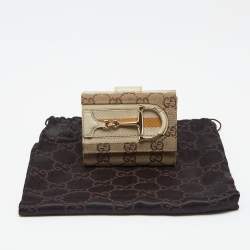 Pre Owned Gucci Beige GG Canvas and Leather Web Horsebit Compact Wallet