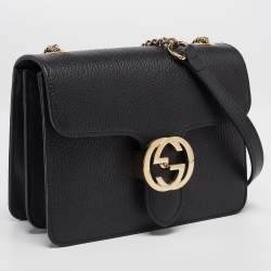 Pre Owned Gucci Black Leather Dollar Interlocking G Crossbody Bag